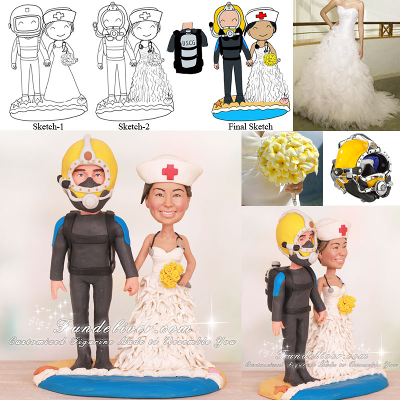 US Coast Guard Deep Sea Diver and Nurse Wedding Cake Toppers